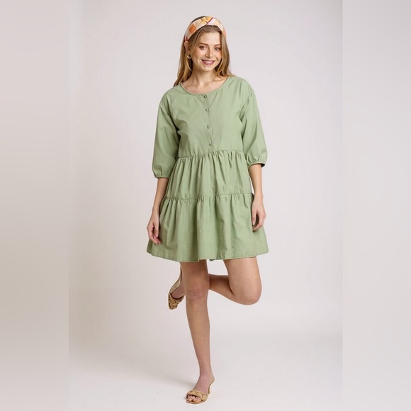 Mandaly and Co. Dresses & Skirts - Sage Green Half Button 3/4 Sleeve Tiered Shirt Dress